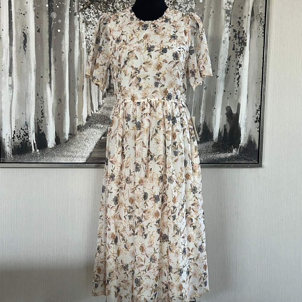 Bohme Womens Embroidered Floral‎ Short Sleeve Round Neck Midi Dress NWT - Size M